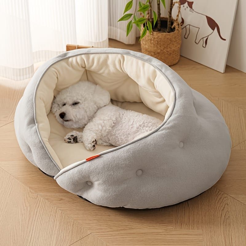Semi-Enclosed Pet Bed with Plush Comfort and Anti-Slip Base – Ideal for Cats and Small to Medium Dogs Seeking a Cozy, Secure Sleep Spot for All Seasons (S, Grey)