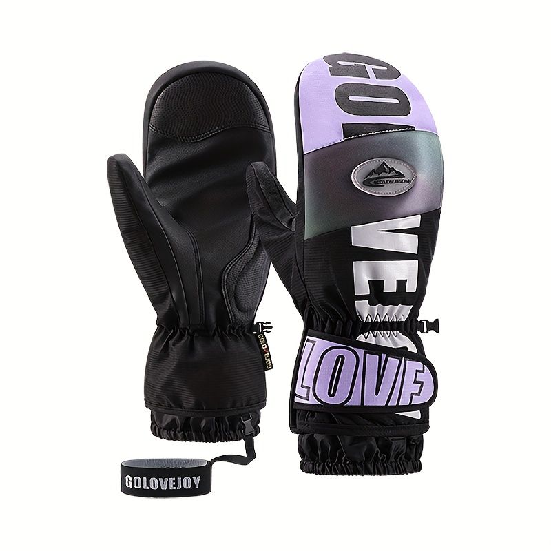 Winter Ski Mittens Waterproof & Windproof for Outdoor Snow Sports, with Touchscreen Compatibility, Fleece Lining, Anti-Slip Palm, Adjustable Wrist Strap, and Detachable Leash for Men and Women (L, Purple)