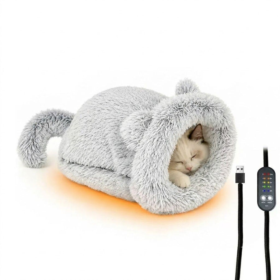 Cozy Heated Two-in-One Plush Cat Cave Bed with USB-Powered Warming, Multi-Level Temperature Control, and Timer, Convertible from Enclosed House to Flat Mat for Year-Round Napping Indoors or on the Go (Grey)