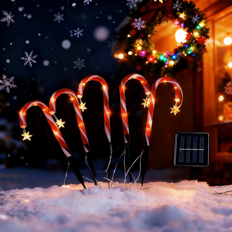 Solar Candy Cane Pathway Lights with Star Accents, 5-Pack Red & White Striped LED Stake Lights, Warm Glow for Christmas Yard, Garden and Holiday Party Display (1PCS)