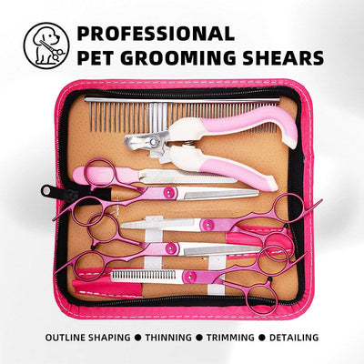 Professional Pet Grooming Scissors Set for Dogs & Cats – Includes Straight, Curved, Thinning Shears, Nail Clippers, and Comb in a Stylish Pink Case for Home Grooming and Salon-Quality Trimming