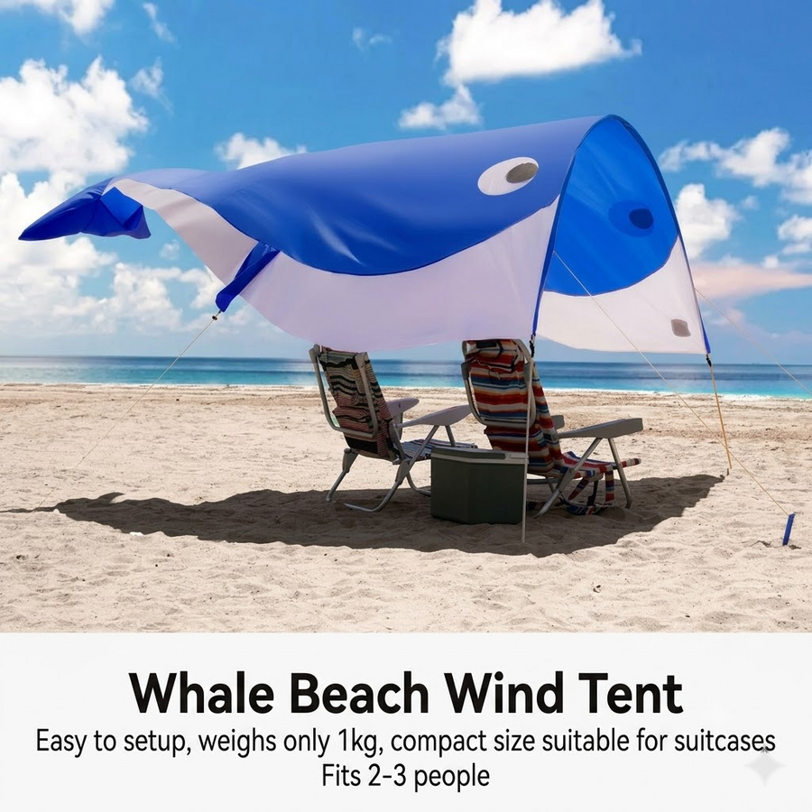 Whale-Shaped Beach Wind Shelter – Ultra-Light 1 kg Portable Sun Shade Tent, Spacious for 2-3 People, Quick Setup Open Design for Seaside Relaxation and Family Outings (Blue)