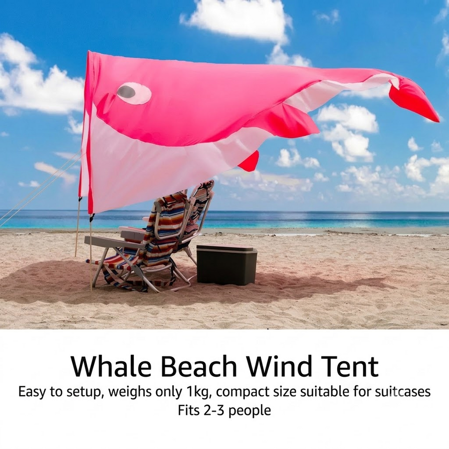 Whale-Shaped Beach Wind Shelter – Ultra-Light 1 kg Portable Sun Shade Tent, Spacious for 2-3 People, Quick Setup Open Design for Seaside Relaxation and Family Outings (Pink)