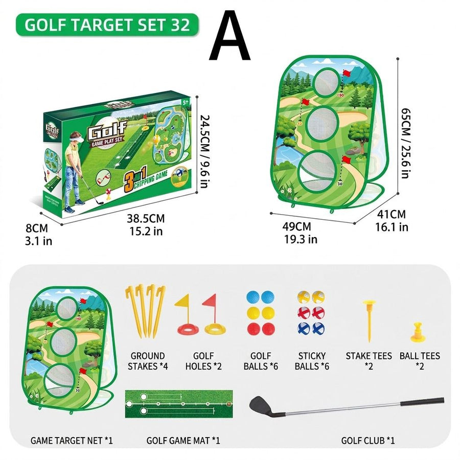 3-in-1 Kids Golf Putting & Tossing Game Set for Indoor/Outdoor Family Fun – Includes Stainless Steel Putter, Cloth Mat, Soft Balls, Beanbags, and Rings for Interactive Play (A)