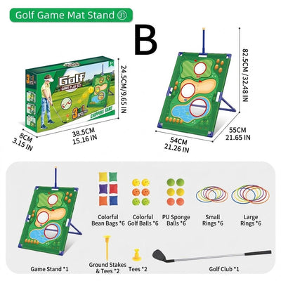 3-in-1 Kids Golf Putting & Tossing Game Set for Indoor/Outdoor Family Fun – Includes Stainless Steel Putter, Cloth Mat, Soft Balls, Beanbags, and Rings for Interactive Play (B)