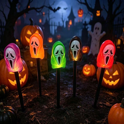 Halloween Solar Ground Stake Lights, 5-Pack Screaming Ghost Face Pathway Lights, IP65 Waterproof Auto On/Off for Lawn Yard Walkway, Spooky Outdoor Garden Decor with 5 Eerie Colors (2Sets, Black Tube)
