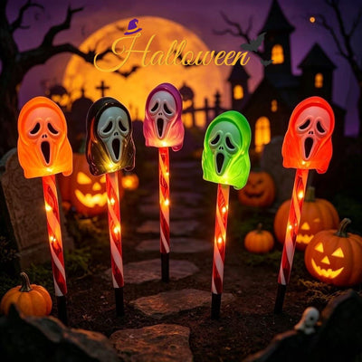 Halloween Solar Ground Stake Lights, 5-Pack Screaming Ghost Face Pathway Lights, IP65 Waterproof Auto On/Off for Lawn Yard Walkway, Spooky Outdoor Garden Decor with 5 Eerie Colors (2Sets, Colorful Tube)