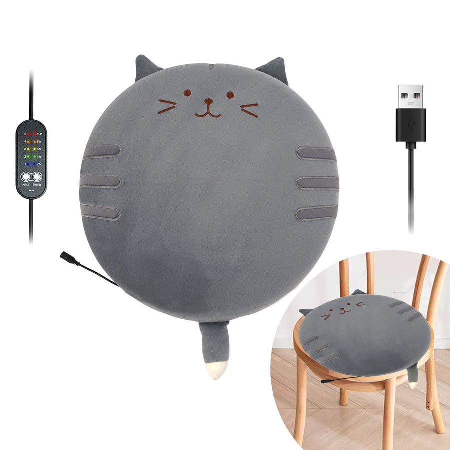 New Winter USB Heated Seat Cushion, Round Cartoon Pad for Office and Outdoor Use, Constant Temperature, Cute Cat, Bear, Dinosaur or Owl Design, Powered by USB (Grey Cat)