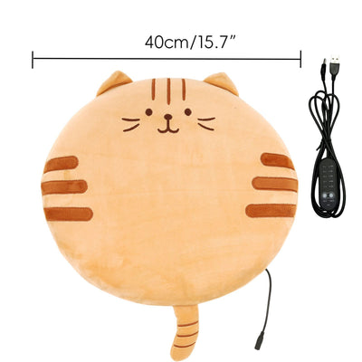 New Winter USB Heated Seat Cushion, Round Cartoon Pad for Office and Outdoor Use, Constant Temperature, Cute Cat, Bear, Dinosaur or Owl Design, Powered by USB (Yellow Cat)