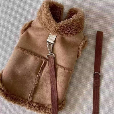 Cozy Pet Winter Vest with Leash Loop: Faux Suede & Plush Fleece Warm Coat for Small Dogs, Cats, and Puppies – Perfect for Autumn, Winter Walks, and Indoor Comfort (L, Brown)(Leash not included)
