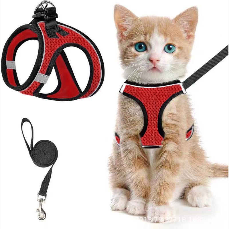 Escape-Proof Cat Harness and Leash Set with Reflective Soft Mesh Vest for Safe Outdoor Adventures with Your Feline Friend (S, Red)