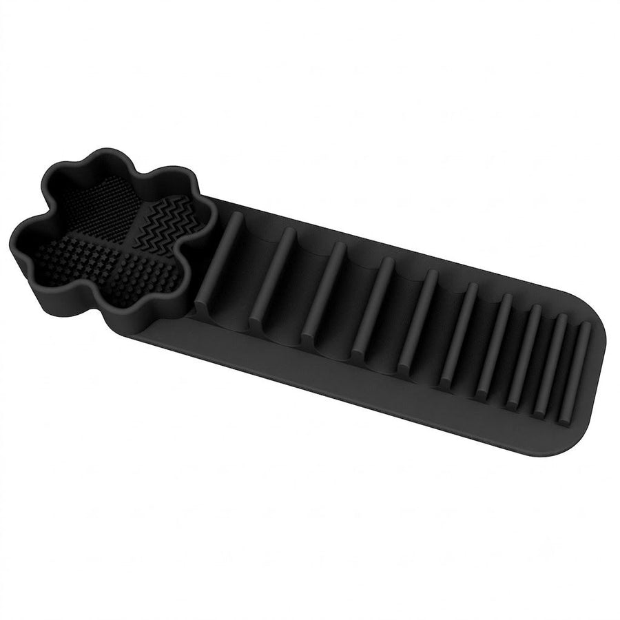 Multi-Functional Silicone Makeup Brush Holder and Cleaning Pad That Sticks to Mirrors, Tiles, and Smooth Surfaces for Quick Washing, Organized Storage, and No-Mess Drip-Drying Beauty Tools (Black)