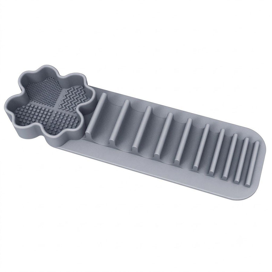 Multi-Functional Silicone Makeup Brush Holder and Cleaning Pad That Sticks to Mirrors, Tiles, and Smooth Surfaces for Quick Washing, Organized Storage, and No-Mess Drip-Drying Beauty Tools (Grey)