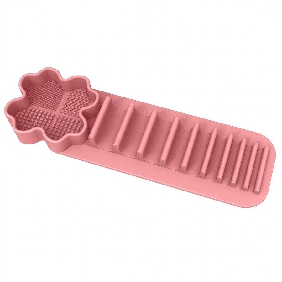 Multi-Functional Silicone Makeup Brush Holder and Cleaning Pad That Sticks to Mirrors, Tiles, and Smooth Surfaces for Quick Washing, Organized Storage, and No-Mess Drip-Drying Beauty Tools (Pink)