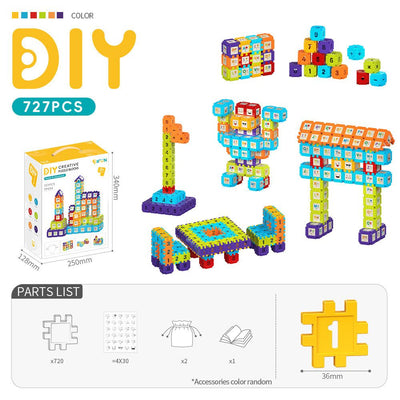 Creative DIY Puzzle Building Blocks Set for Kids Ages 3+ – Colorful Snap-Together Squares for Early Learning, Alphabet & Number Recognition, and Fun 3D Shape Construction at Home (727PCS)