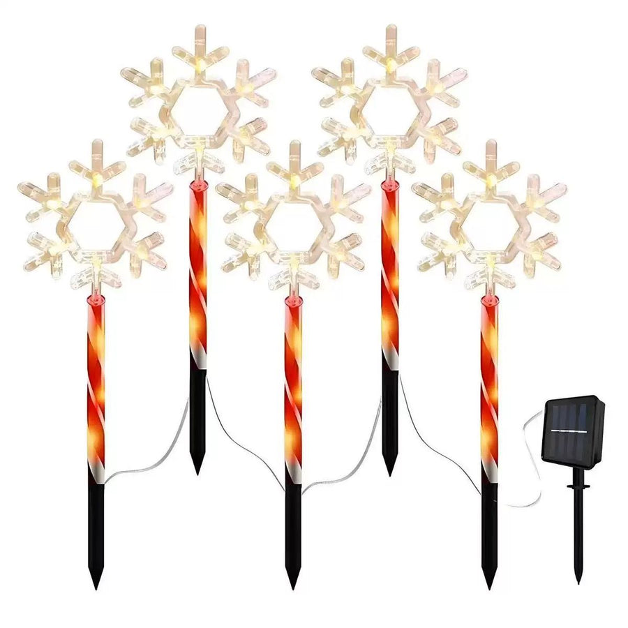 Solar Snowflake Stake Lights 5-Pack, Waterproof Outdoor Christmas Decor with 5 Glowing Snowflake Heads, Red-White Spiral Stakes and Warm White LEDs for Garden Pathway Yard Festive Ambiance (1Set)