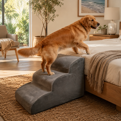 Orthopedic Foam Pet Stairs with Washable Cover – Safe 2, 3, & 4 Tier Dog Ramp for Bed & Couch Access, Gentle Slope for Puppies, Small Breeds, and Senior Pets Needing Joint Relief (Grey, 2Tier)