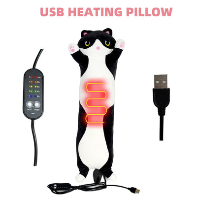USB-Powered Cartoon Cat Heating Pad, Plush Kitten Warm Pillow for Waist, Neck, Shoulder Relief, Cute Black-and-White Cow Cat Design with Adjustable Temperature and Timer