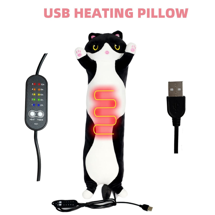 USB-Powered Cartoon Cat Heating Pad, Plush Kitten Warm Pillow for Waist, Neck, Shoulder Relief, Cute Black-and-White Cow Cat Design with Adjustable Temperature and Timer