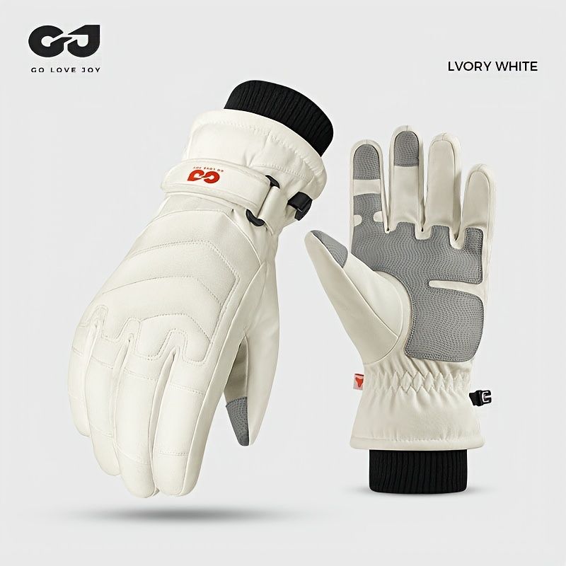 Unisex Winter Ski Gloves with Touchscreen Compatibility, Thick Fleece Lining, Windproof, Anti-Slip Grip for Snowboarding, Hiking, and Cold Weather Daily Commute (L, Ivory)