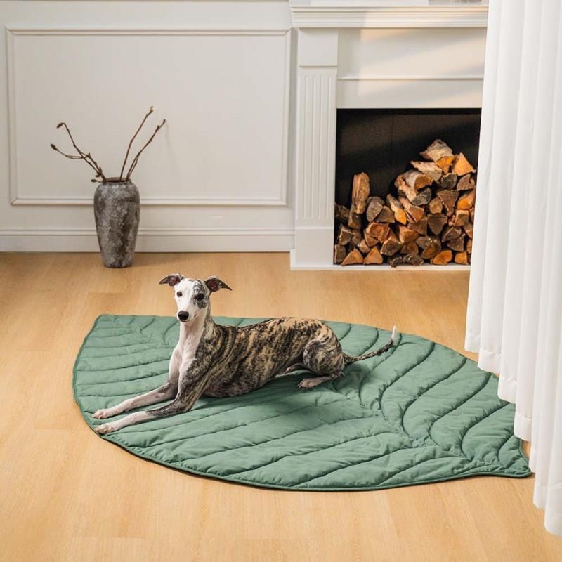 Stylish Leaf-Shaped Pet Mat, Ultra-Soft Plush Faux-Down Filled Dog & Cat Bed Topper, Cozy Foldable Crate Cushion for Year-Round Comfort, Machine Washable Floor Blanket (Green)