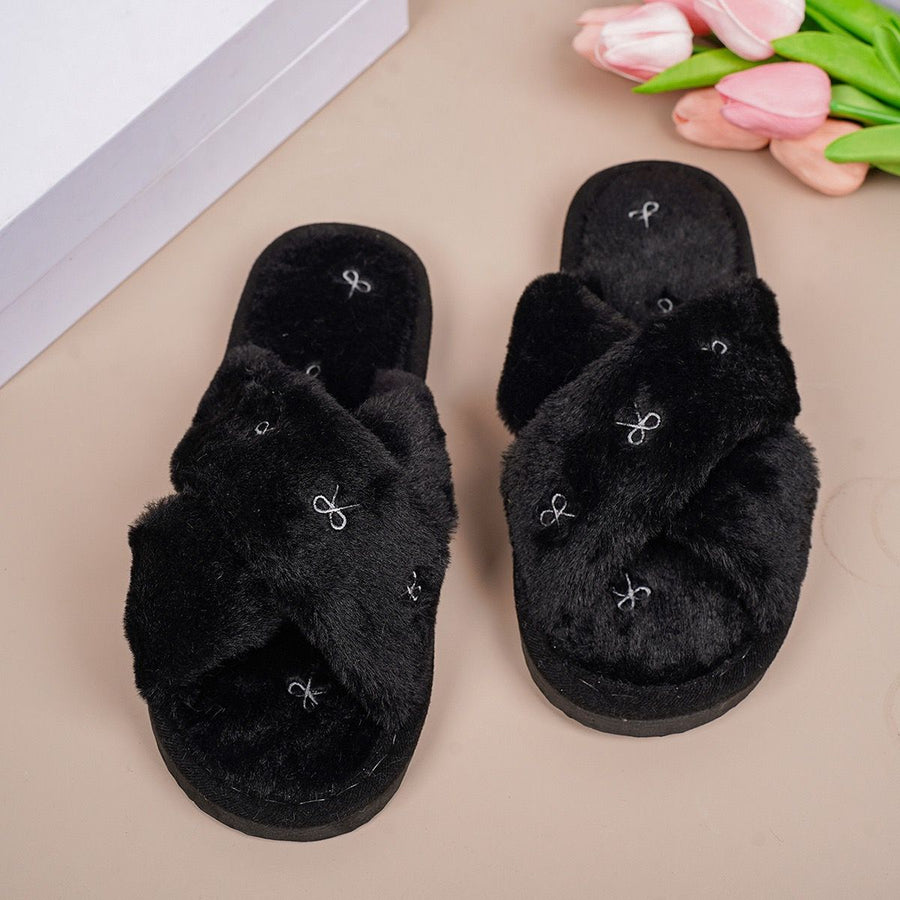 Cozy Cross-Band Plush Slippers with Embroidered Bow, Non-Slip Indoor & Outdoor Wear for Women, Soft Fleece Lining for Warmth and Comfort (M(38-39), Black)