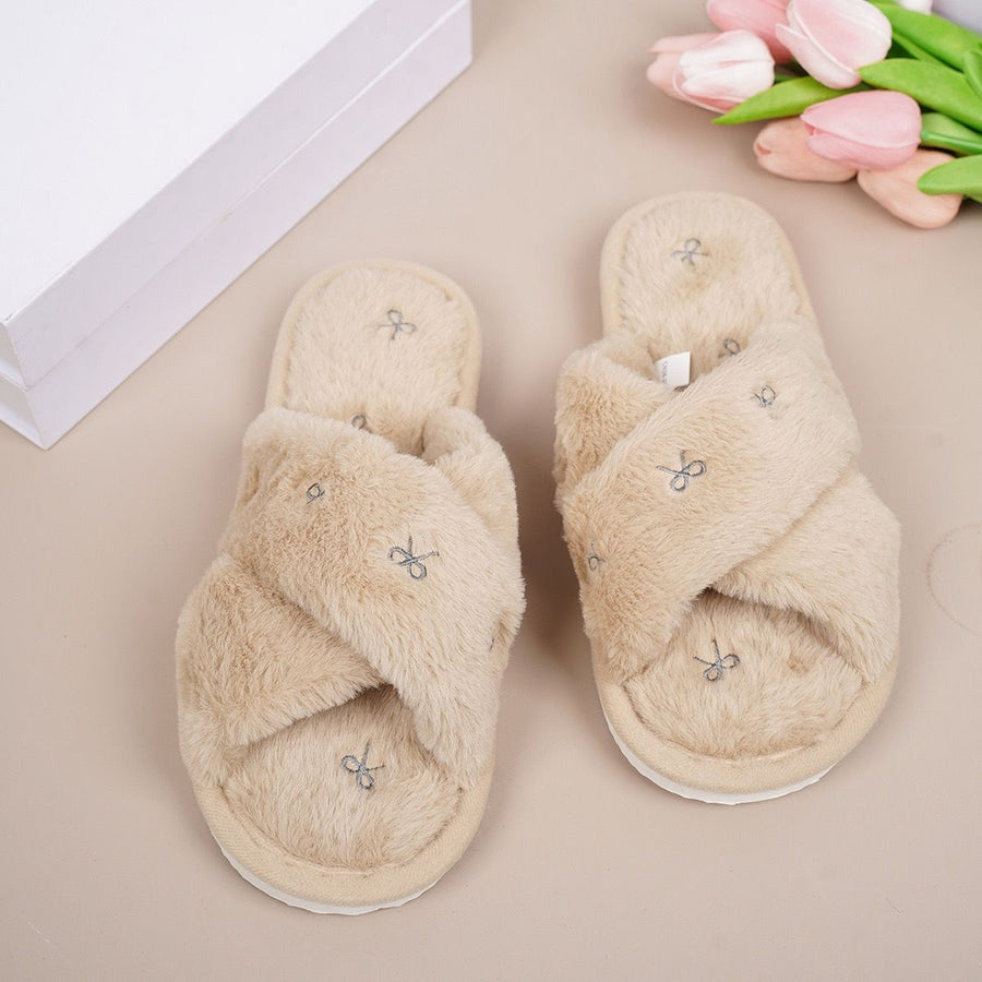 Cozy Cross-Band Plush Slippers with Embroidered Bow, Non-Slip Indoor & Outdoor Wear for Women, Soft Fleece Lining for Warmth and Comfort (M(38-39), LightBrown)