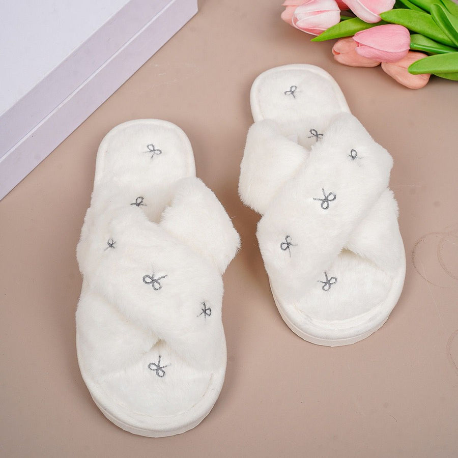 Cozy Cross-Band Plush Slippers with Embroidered Bow, Non-Slip Indoor & Outdoor Wear for Women, Soft Fleece Lining for Warmth and Comfort (S(36-37), White)