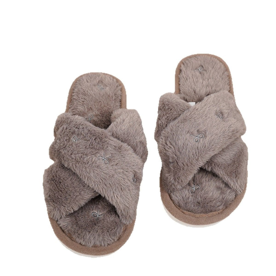 Cozy Cross-Band Plush Slippers with Embroidered Bow, Non-Slip Indoor & Outdoor Wear for Women, Soft Fleece Lining for Warmth and Comfort (XL(42-43), Brown)