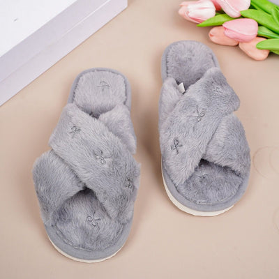 Cozy Cross-Band Plush Slippers with Embroidered Bow, Non-Slip Indoor & Outdoor Wear for Women, Soft Fleece Lining for Warmth and Comfort (XL(42-43), Grey)