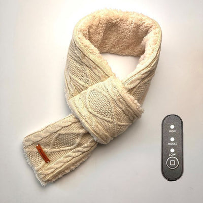 USB-Powered Heated Scarf with 3 Temperature Settings, Knitted Jacquard Design, Soft Fleece Lining, Ideal for Winter Outdoor and Home Use, Machine Washable, Power Bank Not Included (Plaid Jacquard, Beige)
