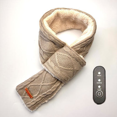 USB-Powered Heated Scarf with 3 Temperature Settings, Knitted Jacquard Design, Soft Fleece Lining, Ideal for Winter Outdoor and Home Use, Machine Washable, Power Bank Not Included (Plaid Jacquard, Khaki)