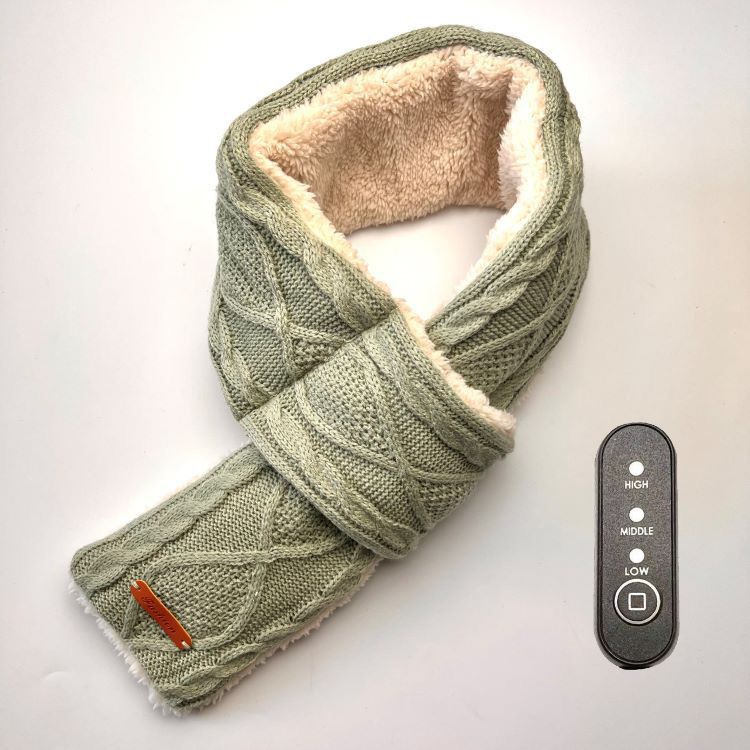 USB-Powered Heated Scarf with 3 Temperature Settings, Knitted Jacquard Design, Soft Fleece Lining, Ideal for Winter Outdoor and Home Use, Machine Washable, Power Bank Not Included (Plaid Jacquard, Light Green)