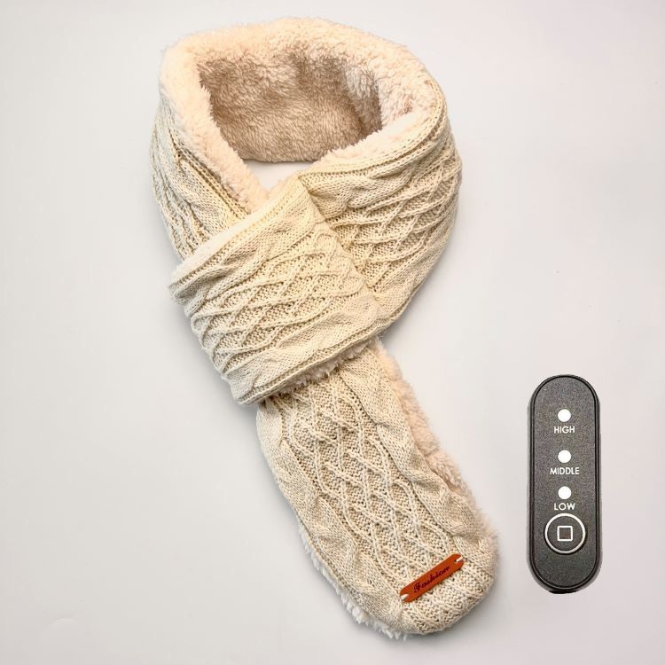 USB-Powered Heated Scarf with 3 Temperature Settings, Knitted Jacquard Design, Soft Fleece Lining, Ideal for Winter Outdoor and Home Use, Machine Washable, Power Bank Not Included (Stripe Jacquard, Beige)