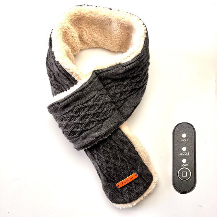 USB-Powered Heated Scarf with 3 Temperature Settings, Knitted Jacquard Design, Soft Fleece Lining, Ideal for Winter Outdoor and Home Use, Machine Washable, Power Bank Not Included (Stripe Jacquard, Dark Grey)