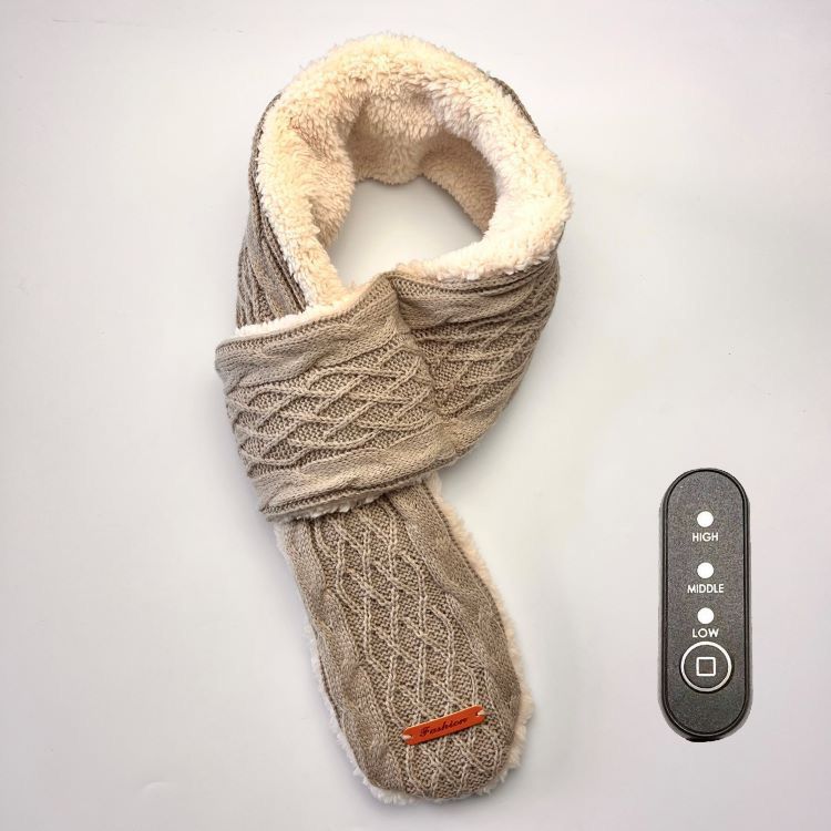 USB-Powered Heated Scarf with 3 Temperature Settings, Knitted Jacquard Design, Soft Fleece Lining, Ideal for Winter Outdoor and Home Use, Machine Washable, Power Bank Not Included (Stripe Jacquard, Khaki)