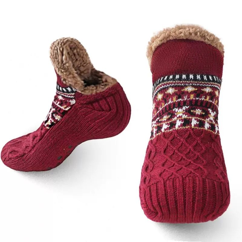 Men's Fleece-Lined Anti-Slip House Socks – Warm, Cozy, and Secure for Indoor Wear with Plush Sherpa Lining and Silicone Grip Dots (L, Red)