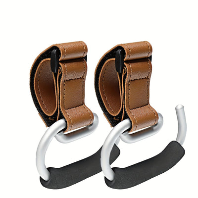 Universal Stroller Hooks with PU Leather Straps – Heavy-Duty Aluminum Baby Stroller Organizer for Hanging Bags, Purses, and Diaper Bags on Stroller Handles or Frames (2PCS（Brown）)