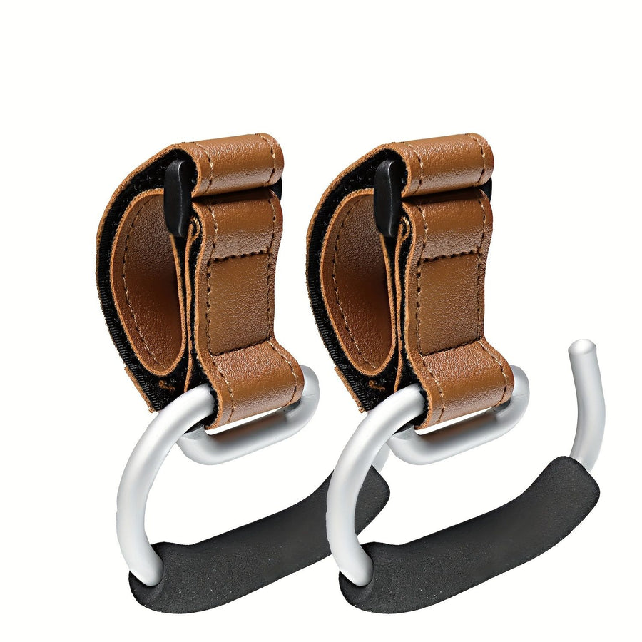 Universal Stroller Hooks with PU Leather Straps – Heavy-Duty Aluminum Baby Stroller Organizer for Hanging Bags, Purses, and Diaper Bags on Stroller Handles or Frames (2PCS（Brown）)