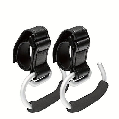 Universal Stroller Hooks with PU Leather Straps – Heavy-Duty Aluminum Baby Stroller Organizer for Hanging Bags, Purses, and Diaper Bags on Stroller Handles or Frames (Black)