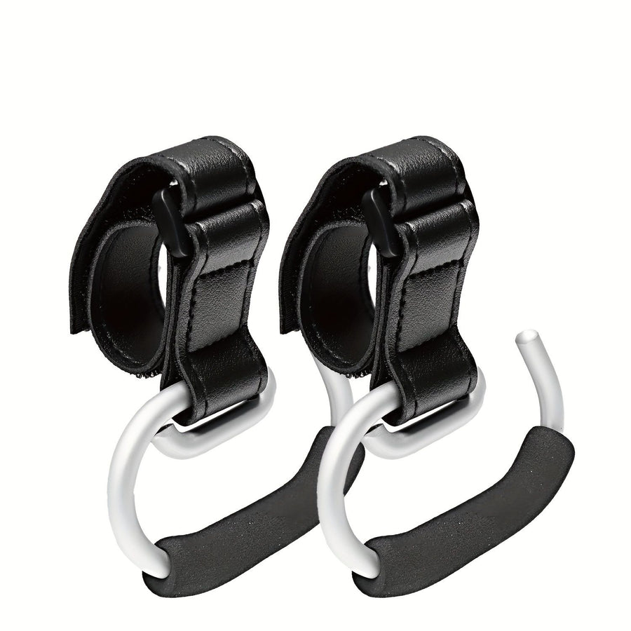 Universal Stroller Hooks with PU Leather Straps – Heavy-Duty Aluminum Baby Stroller Organizer for Hanging Bags, Purses, and Diaper Bags on Stroller Handles or Frames (Black)