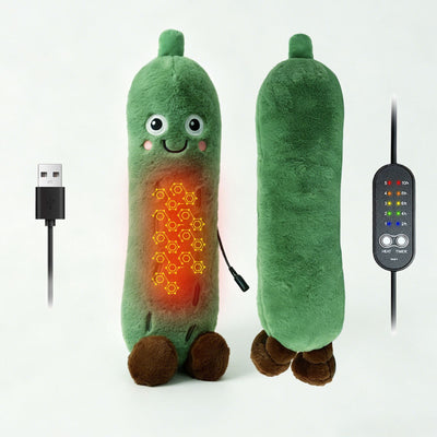 Cartoon Cucumber-Shaped USB Heated Plush Pillow, Soft Plush Body with Cute Embroidered Face, 5-Level Temperature Control and Timer, Ideal for Home, Car, Office, and Outdoor Camping Use (Green)