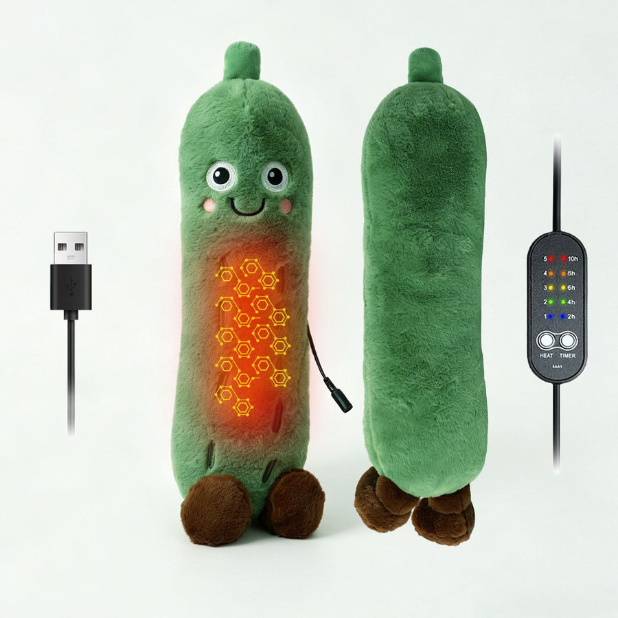 Cartoon Cucumber-Shaped USB Heated Plush Pillow, Soft Plush Body with Cute Embroidered Face, 5-Level Temperature Control and Timer, Ideal for Home, Car, Office, and Outdoor Camping Use (Green)