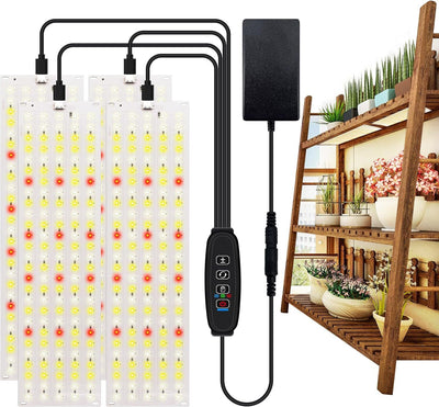 Indoor Full Spectrum LED Plant Grow Light Panel with Smart Timer – Adjustable Brightness, 3 Lighting Modes, and Auto On/Off for Seedlings, Succulents, Herbs, and Potted Plants in Shelves, Racks, or Cabinets (30×8 Four Heads + Adapter)