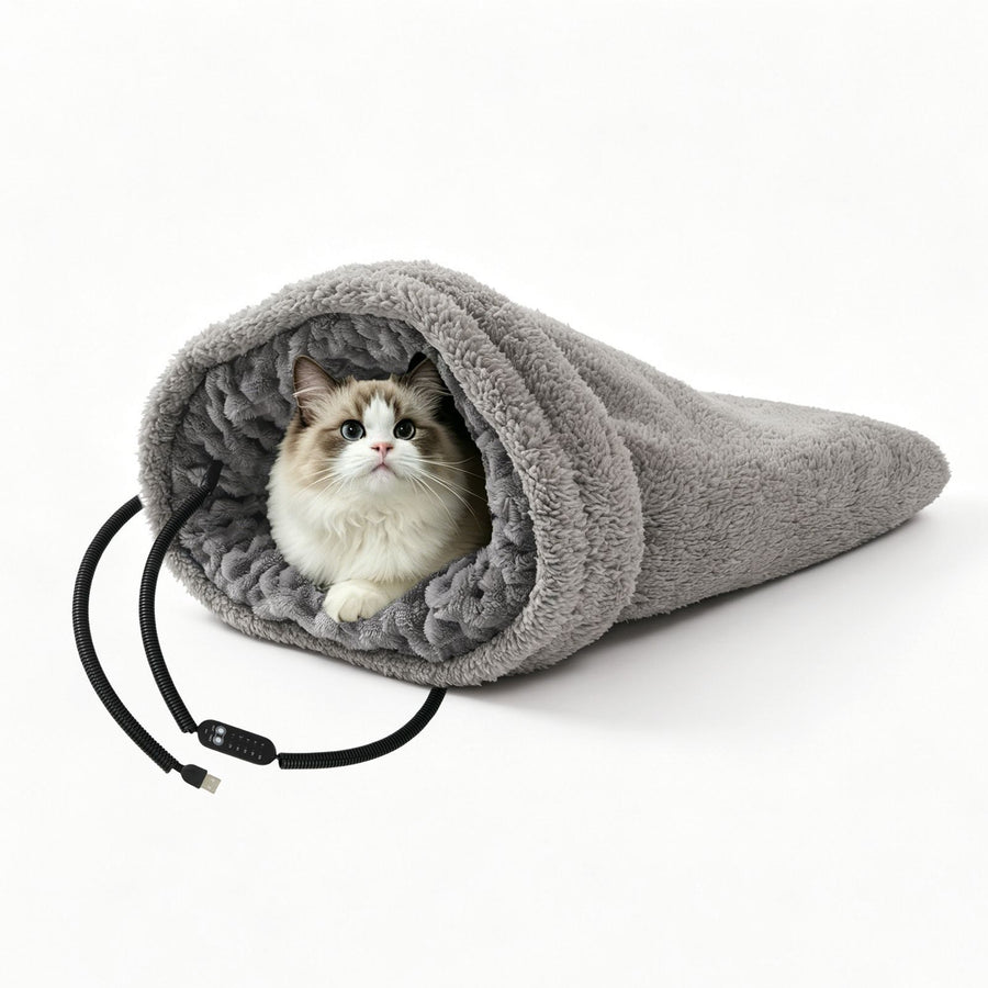 Heated Pet Bed with USB Power, Foldable Cat Dog Sleeping Bag with Soft Fleece, Adjustable Temperature Control and Timer, Ideal for Travel and Home Use (Grey)