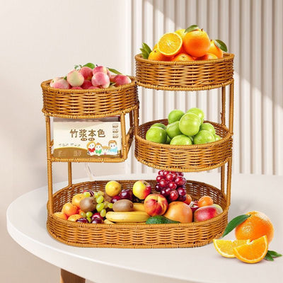 Imitation Rattan Fruit Basket Multi-Layer Fruit Basket Snack Storage Candy - Light Brown - Size L