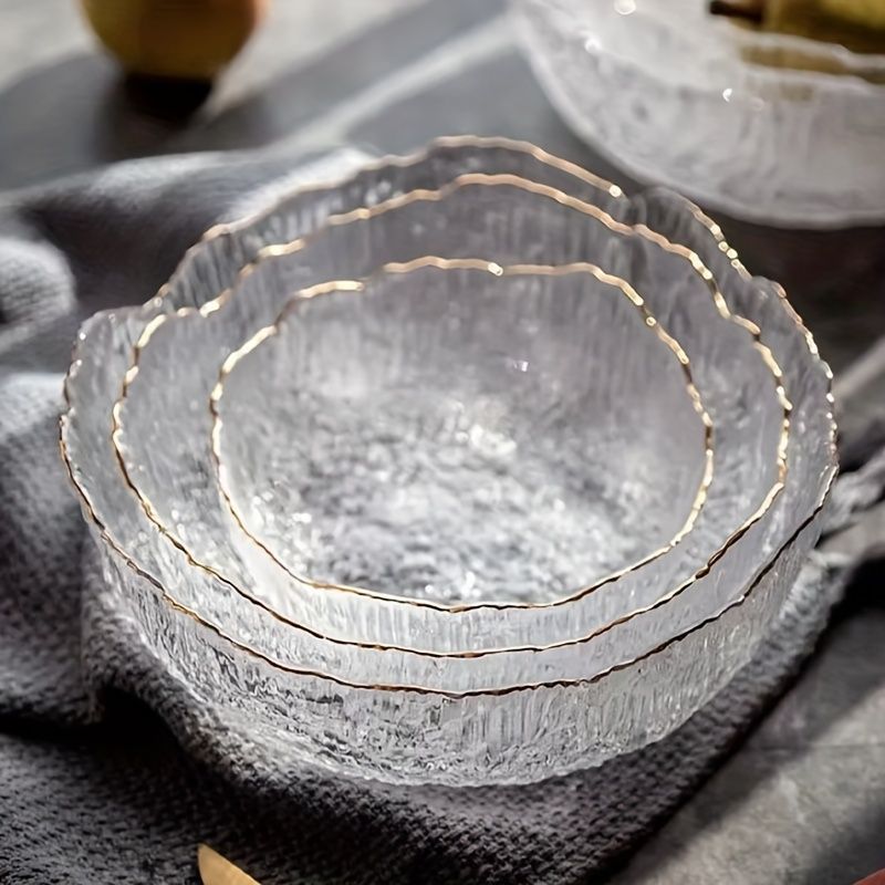 Hammered Glass Bowl Glacier Bowl Transparent Salad Bowl Solid-Color Bowl Large - Clear - Size L