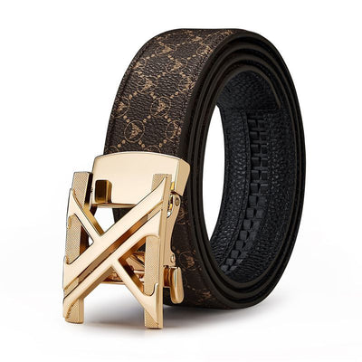 Men'S Genuine Leather Belt X-Shaped Buckle Men'S Accessories Trendy Belt - Golden buckle coffee  colored strap - Size 110cm