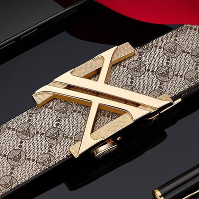 Men'S Genuine Leather Belt X-Shaped Buckle Men'S Accessories Trendy Belt - Khaki strap with gold buckle - Size 105cm
