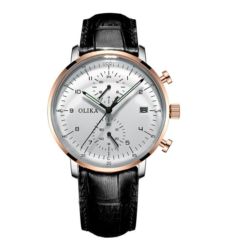 men's watch, ultra-thin watch, leather strap watch, luminous watch, waterproof watch, date calendar watch, curved glass watch, casual sports watch, OLIKA watch, men's fashion watch - Black leather belt with rose - gold and white face - Size Man